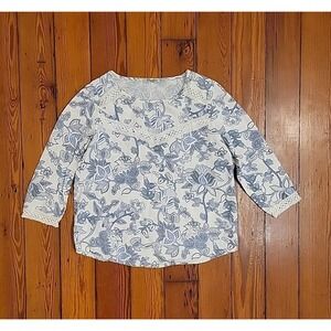 Elena Baldi Made In Italy 100% Linen Size Small Blue Floral Blouse Lace